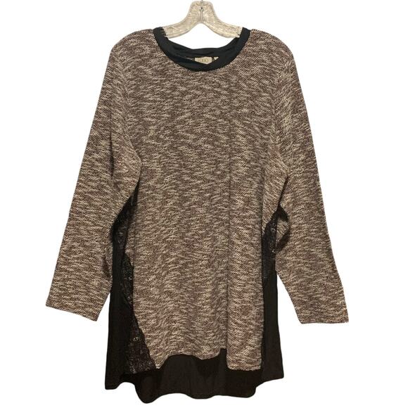LOGO LORI GOLDSTEIN 3X Knit Marled Print Lace Inserts Crew Neck Top Boho - Picture 1 of 6